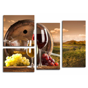 Модульная картина Бокалы, вино, виноградное поле